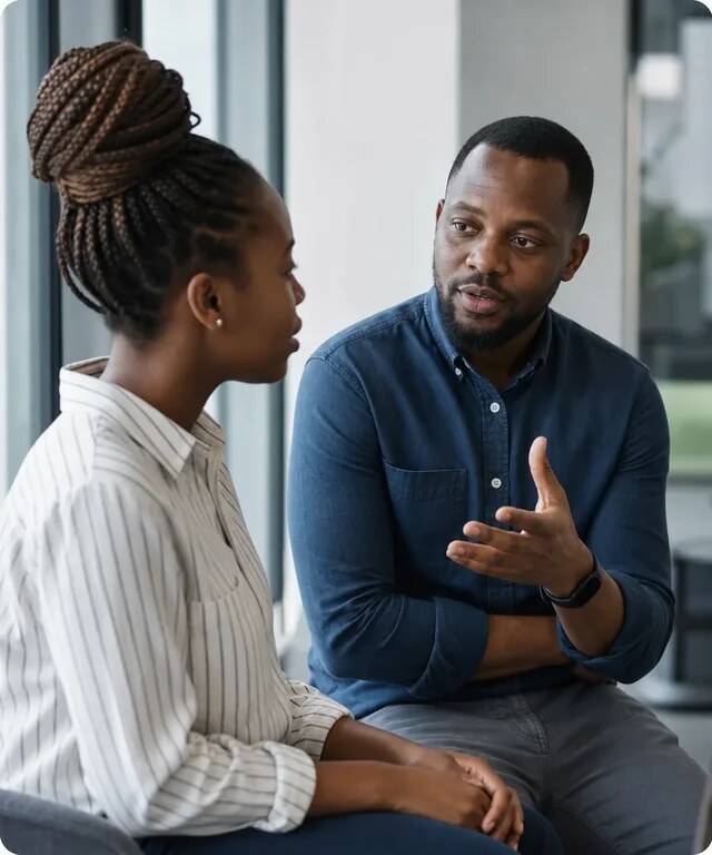Two colleagues sharing ideas in conversation